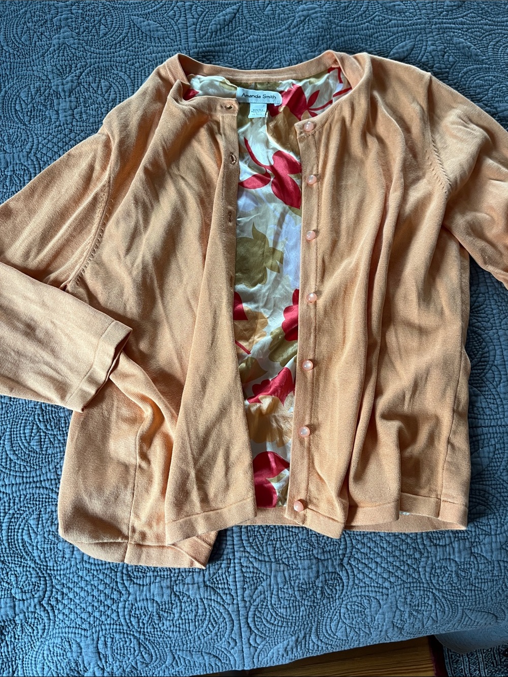 Amanda Smith Peach Button-Front Cardigan with Floral Interior